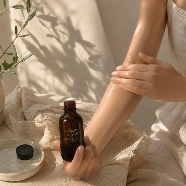 Applying platypus body oil on an arm in warm natural light