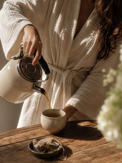 Pouring platypus herbal tea into a ceramic cup