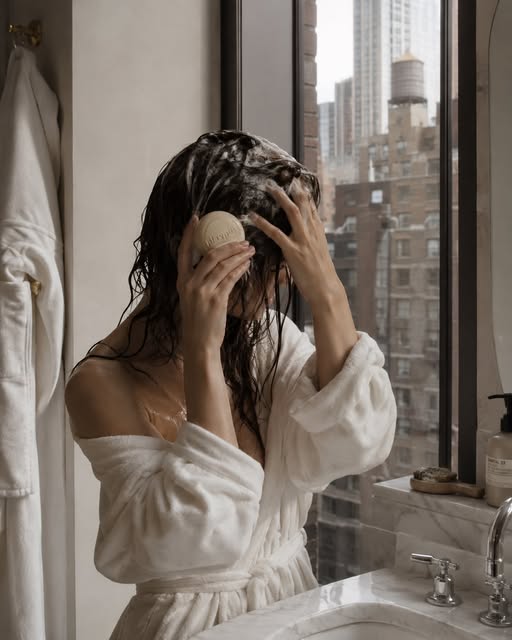 Washing hair with the platypus shampoo bar in a city bathroom
